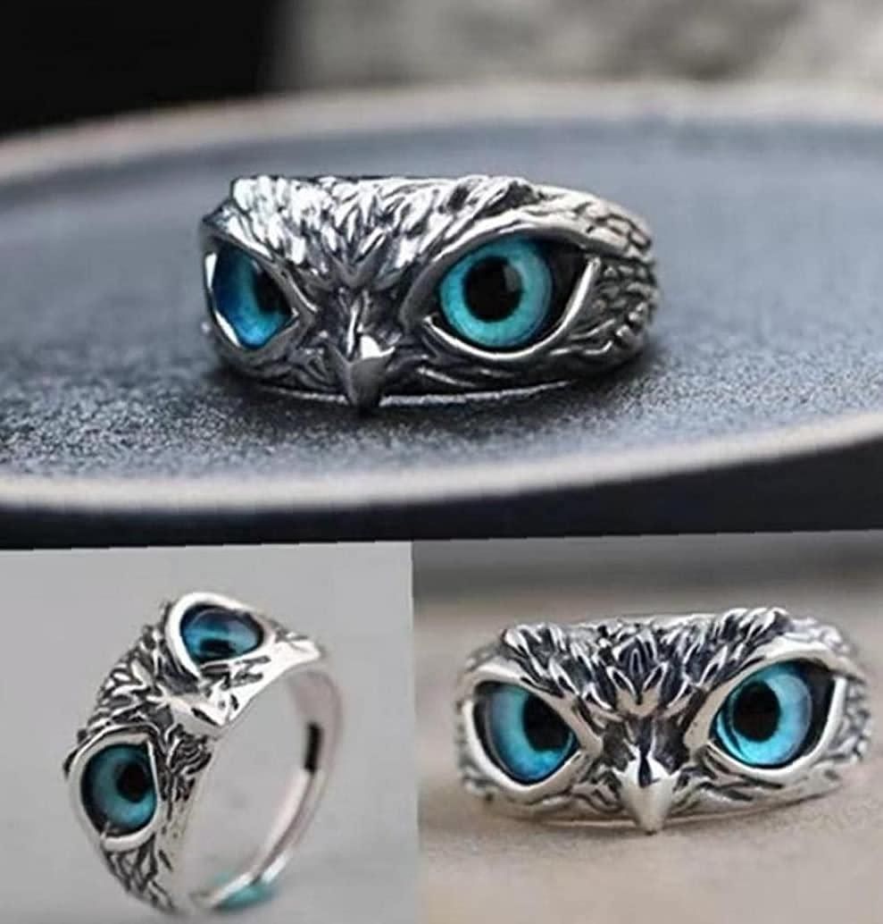 Elegant Blue-Eyed Silver Owl Adjustable Ring