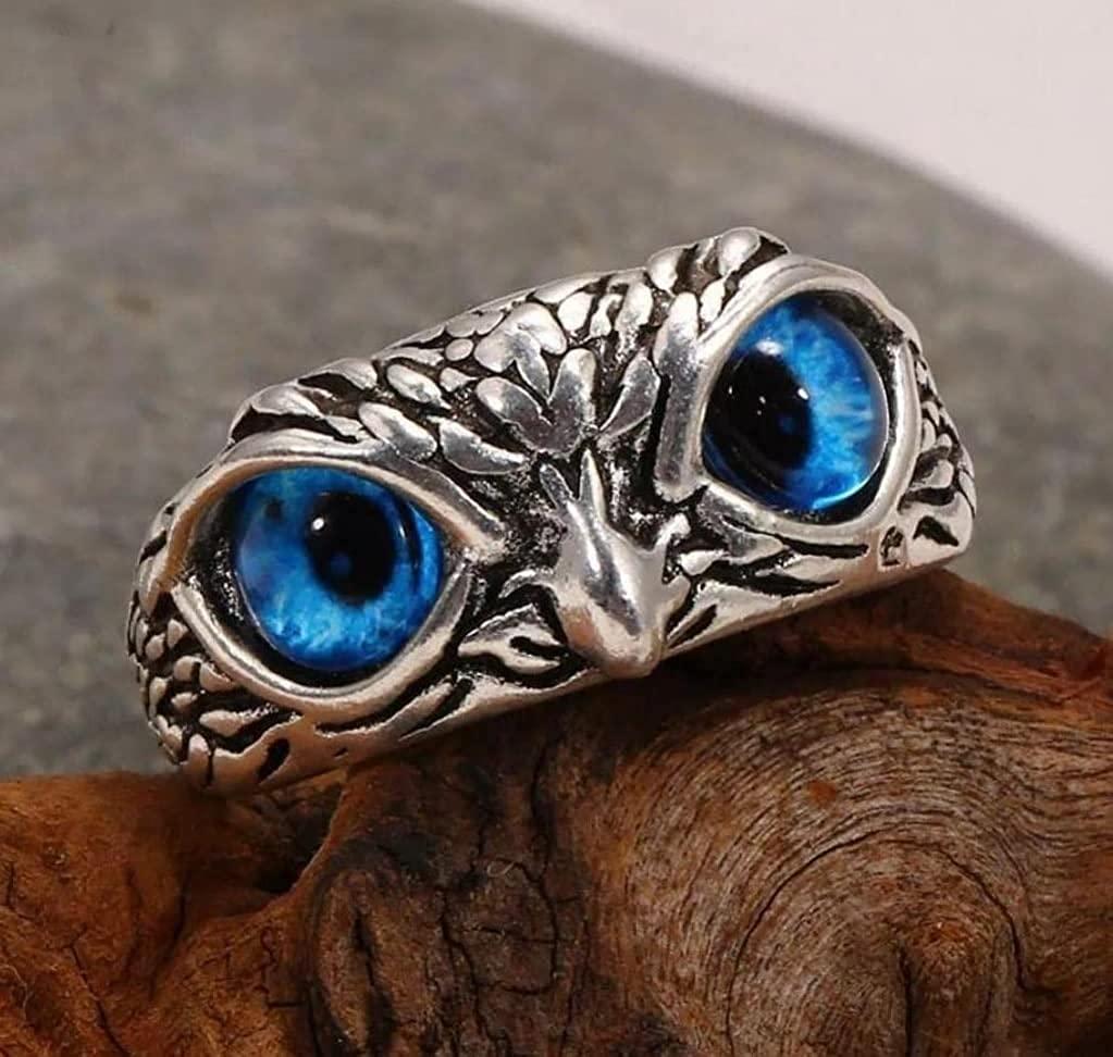 Elegant Blue-Eyed Silver Owl Adjustable Ring